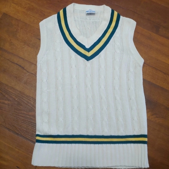 Bukta Other - Men's Vintage Bukta Cable Knit V-Neck Sweater Vest with Green & Yellow Trim